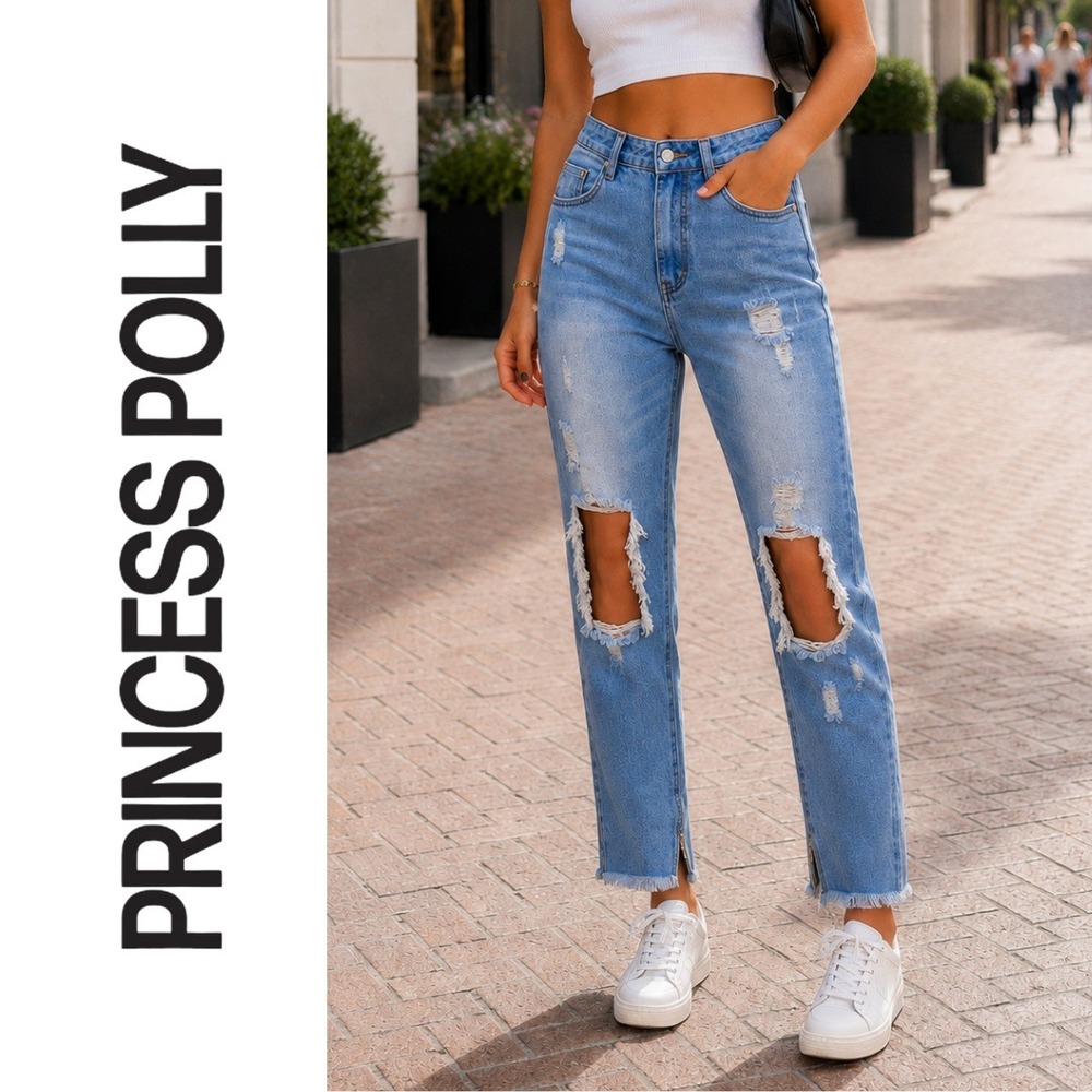 NWT, Princess Polly Distressed High Waisted Light Wash Ankle Zip Jeans US Size 4